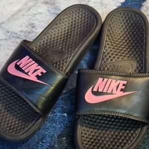 Nike Black Slides with Pink Logo